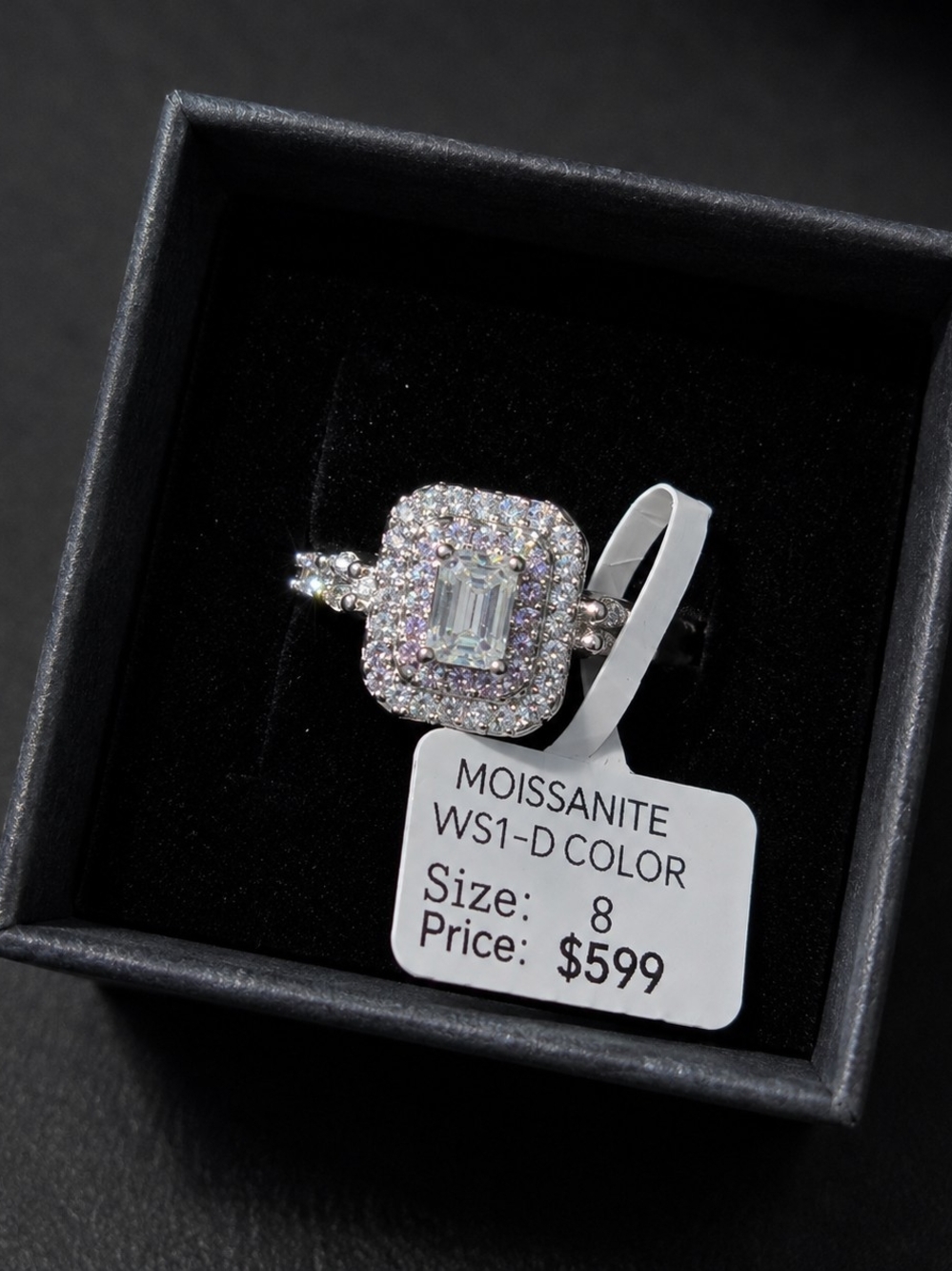 Moissanite Double Halo Emerald-Cut Ring in White Gold Tone - Size 8